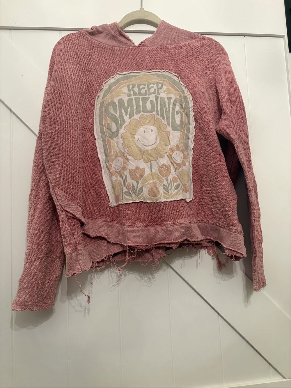 Upcycled Keep Smiling Pink Hoodie Sweater - Casual Women’s Pullover